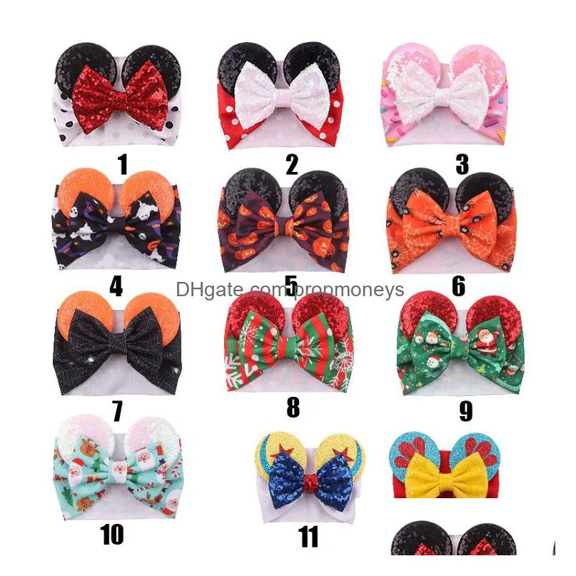 Hair Accessories 40 Designs Christmas Cartoon Mouse Ears Headband Sequins Bow Headwrap Elastic Bowknot Hairbands Hair Bows Baby Wide H Dhzqs