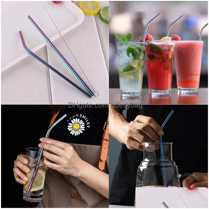 Drinking Straws 8.5 9.5 10.5 Rainbow Stainless Steel Drinking Sts Reusable Unfolded Straight Bend Metal St Kitchen Bar Factory Wholesa Dhhae