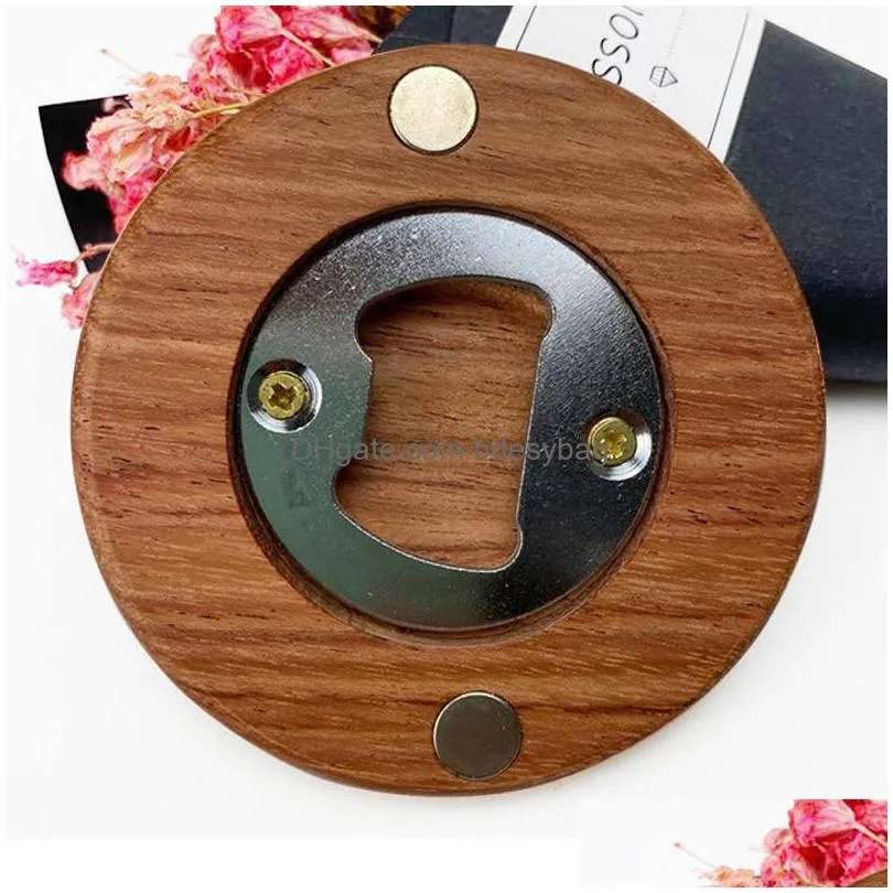 Openers High Quality Wooden Round Shape Bottle Opener Coaster Fridge Magnet Decoration Beer Engrave Logo Lx3053 Drop Delivery Home Gar Dhafq