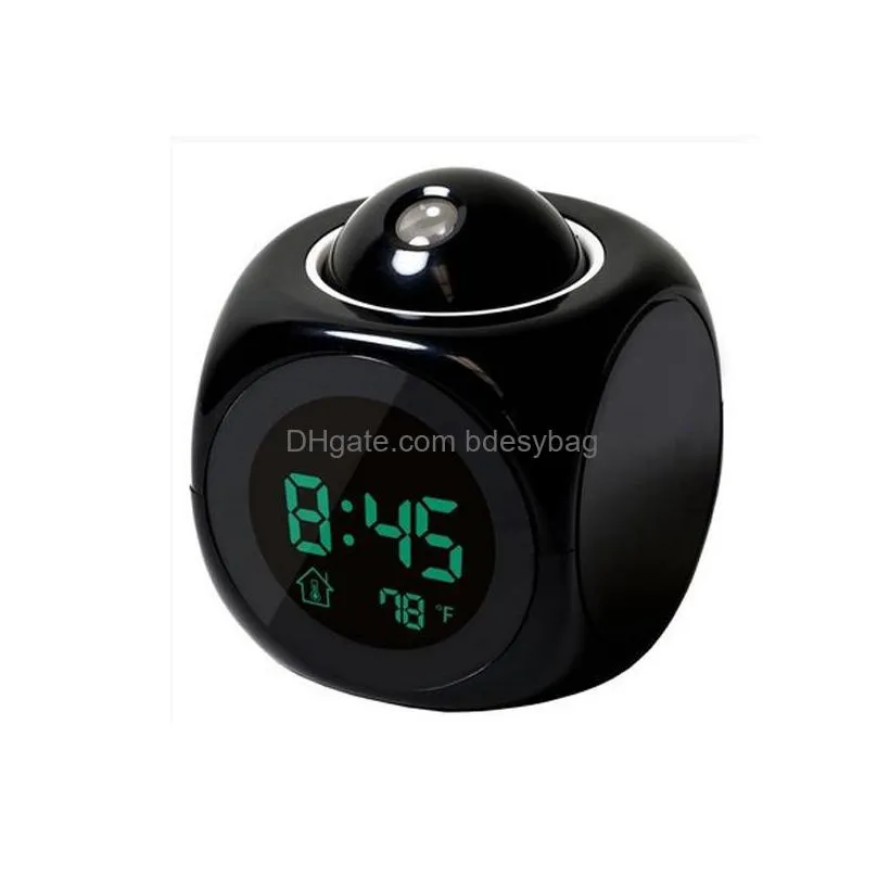 Desk & Table Clocks Led Projection Clock Talking Alarm Voice Digital Time Temperature Display White/Black Colors 80X80X100Mm Wholesale Dhopw