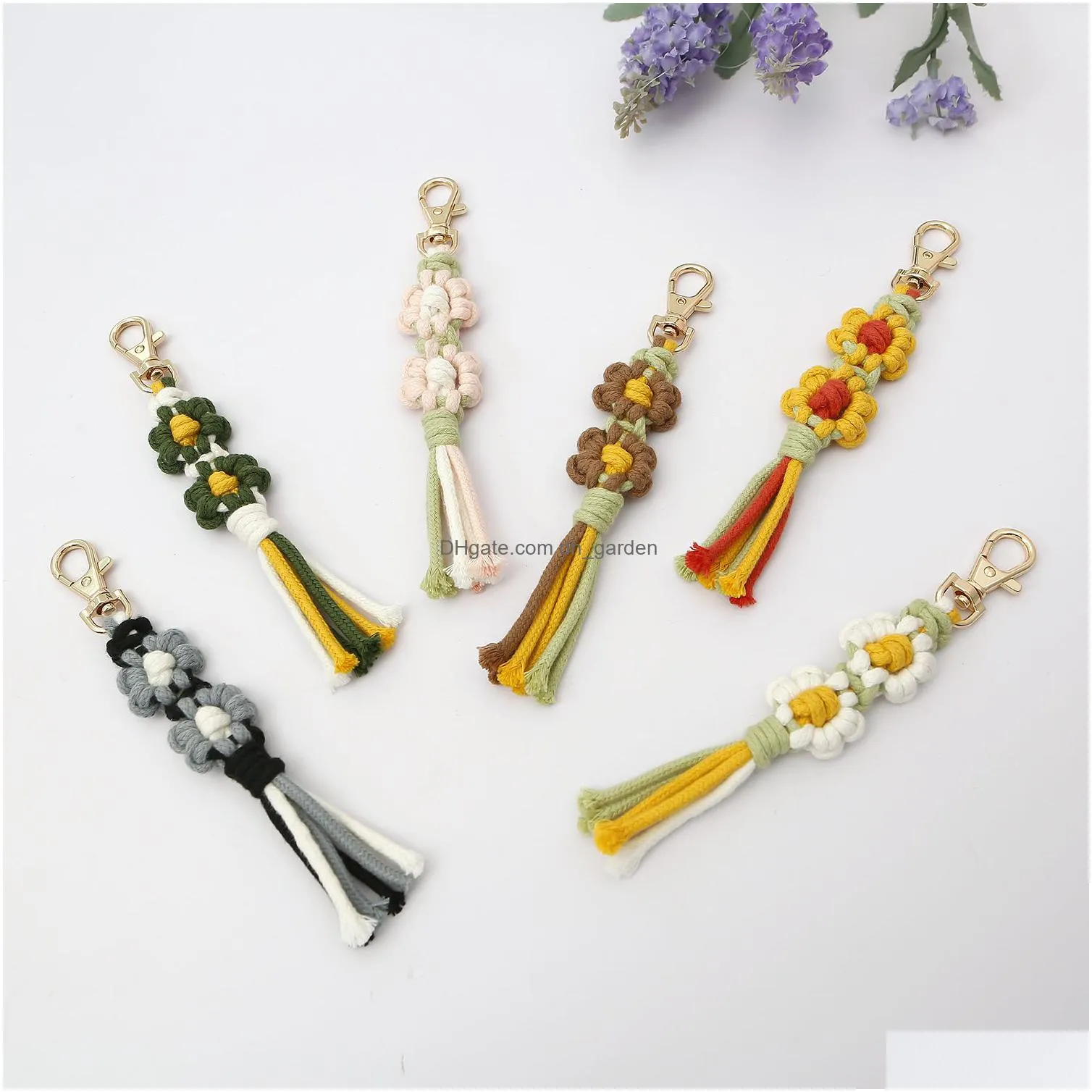 Key Rings Bohemia Tassel Diy Hand-Woven Bag Pendant Keychain Flower Chrysanthemum Cotton Rope Handmade Keyring Drop Delivery Dhgarden Dhv19