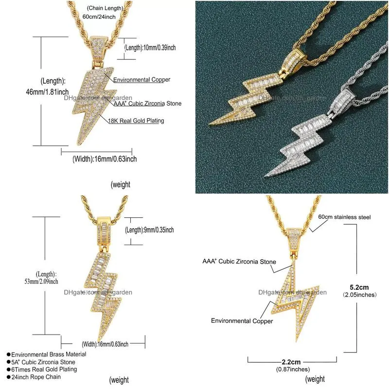 Pendant Necklaces Flash Lightning Necklace 18K Gold Jewelry Set Diamond Cubic Zirconia Pendant Hip Hop Necklaces Bling For W Dhgarden Dhxsf