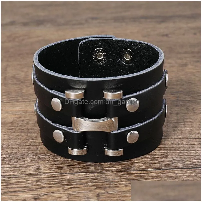 Bangle Leather Bangle Cuff Wide Mtilayer Wrap Button Adjustable Bracelet Wristand For Men Women Fashion Jewelry Drop Delive Dhgarden Dhszp