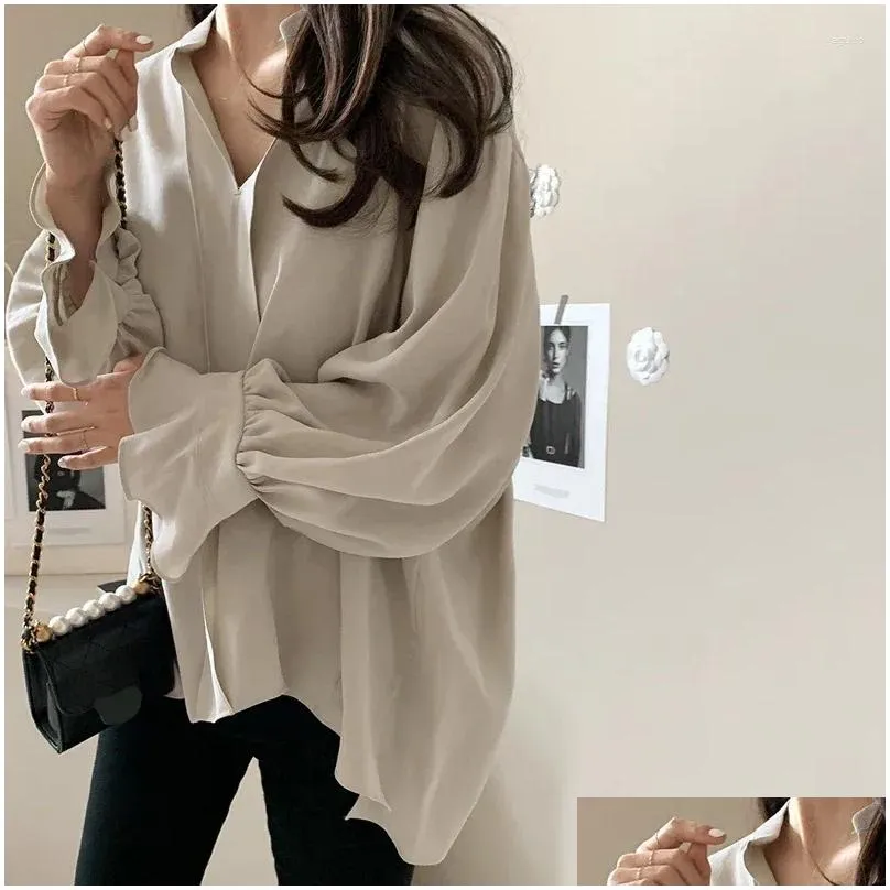Women`s Blouses Women Long Sleeve V-neck Shirt 2023 Korean Fashion Loose Simple Blouse Office Lady Chiffon Autumn Tops Casual Clothes