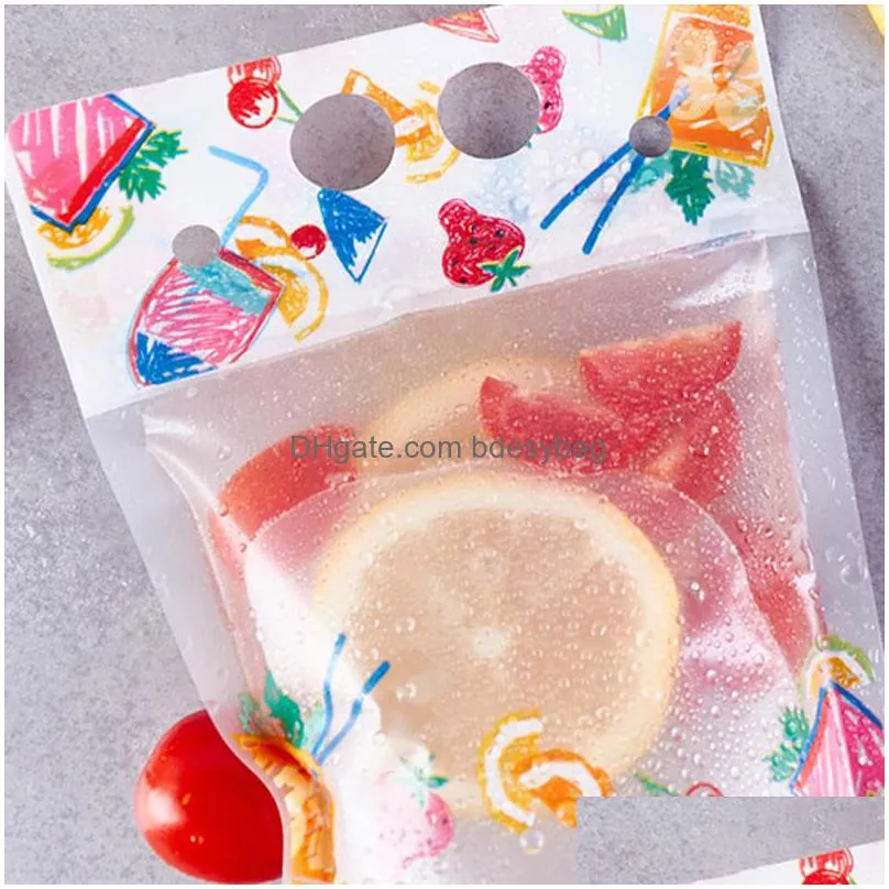 Storage Bags 500Ml Fruit Pattern Plastic Drink Packaging Bag With St For Beverage Juice Milk Coffee Handle And Holes Lx0741 Drop Deliv Dh9Qe