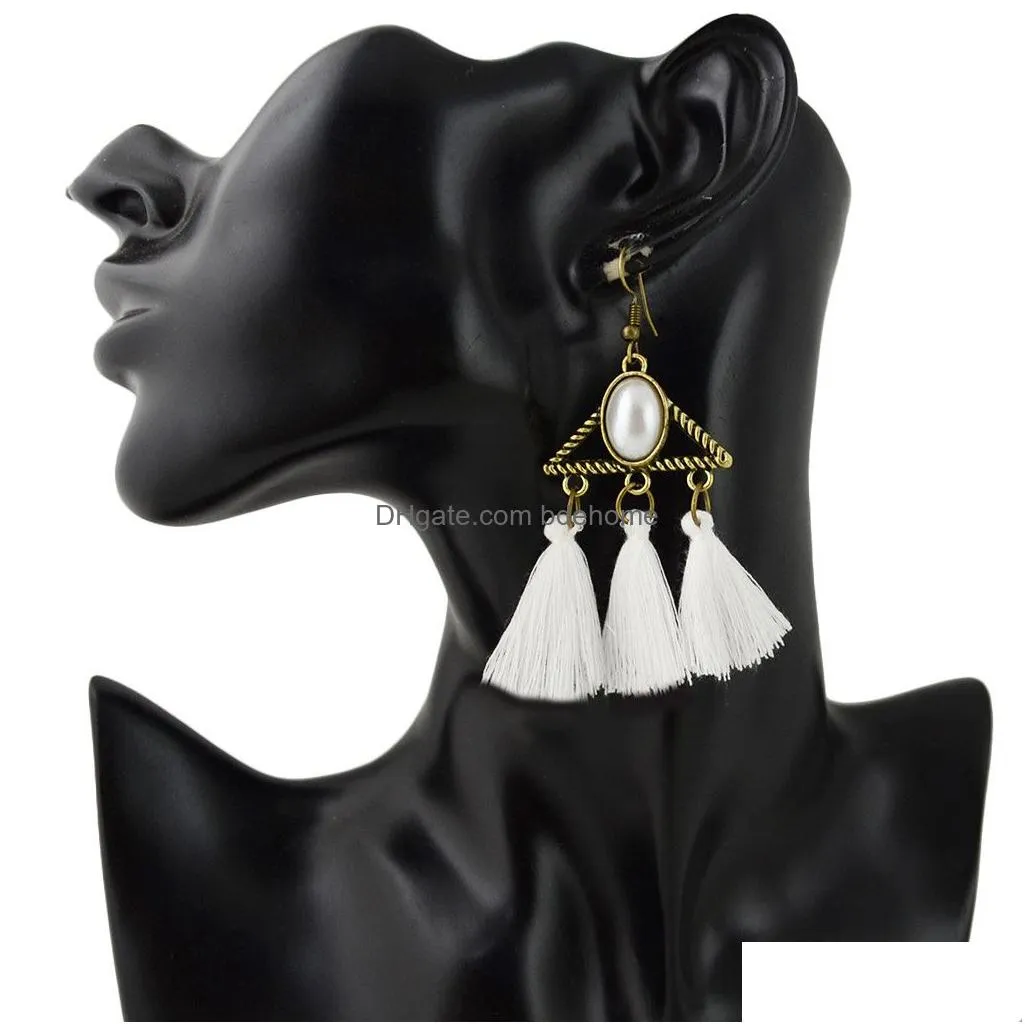 Charm Idealway Vintage Bronze Alloy Acrylic Gemstone Triangle Thread Tassel Earrings Jewelry Drop Delivery Jewelry Earrings Dh7Sn