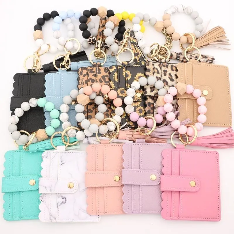 PU Leather Bracelet Wallet Keychain Party Favor Tassels Bangle Key Ring Holder Card Bag Silicone Beaded Wristlet Keychains ss1118