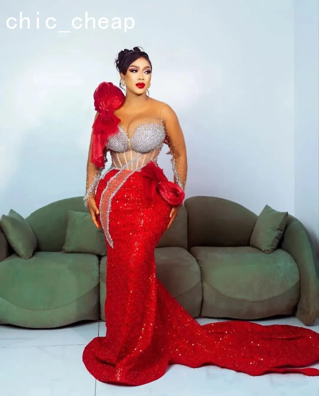 2024 Aso Ebi Red Mermaid Prom Dress Sequined Lace Beaded Evening Formal Party Second Reception Birthday Engagement Gowns Dresses Robe De Soiree ZJ396
