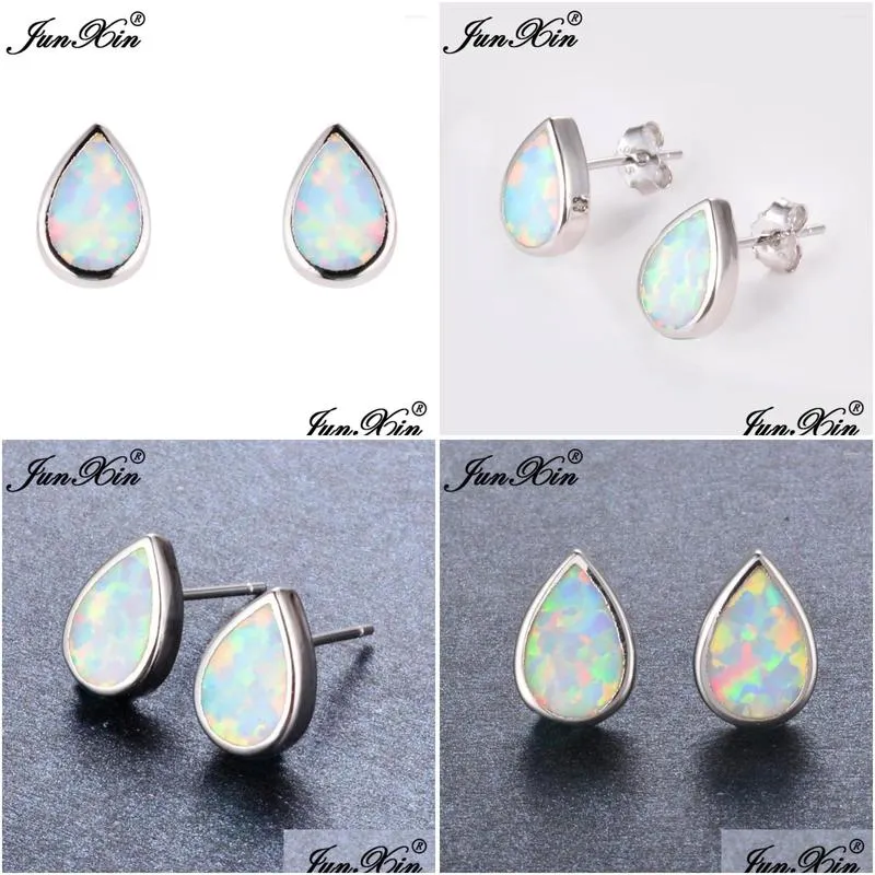 Stud Earrings JUNXIN Water Drop Design White Fire Opal Earring Female Silver Color Double Sided For Women