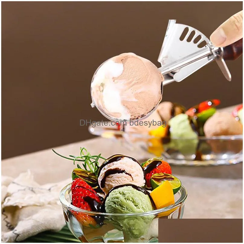 Ice Cream Tools Stainless Steel Ice Cream Scoop With Wood Handle Cookie Spoon Kitchen Gadgets Sticks Watermelon Fruit Tools Lx4445 Dro Dh0Yp