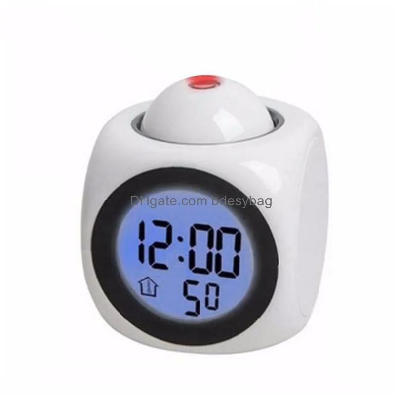 Desk & Table Clocks Led Projection Clock Talking Alarm Voice Digital Time Temperature Display White/Black Colors 80X80X100Mm Wholesale Dhopw