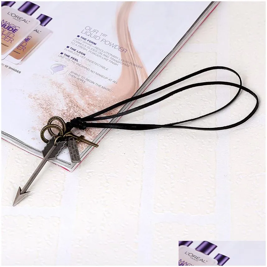Jewelry Arrow Necklace Retro Letter Id Ring Charm Adjustable Leather Chain Necklaces For Women Men Punk Fashion Jewelry Gift Drop Deli Dhayp