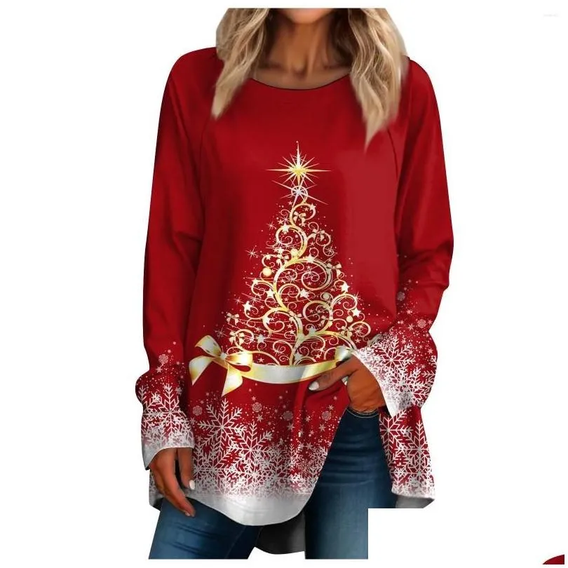 Women`s T Shirts Christmas Autumn 3D Tree Print Long Sleeve Round Neck Fashion T-shirt Atmosphere Pullover Women Top