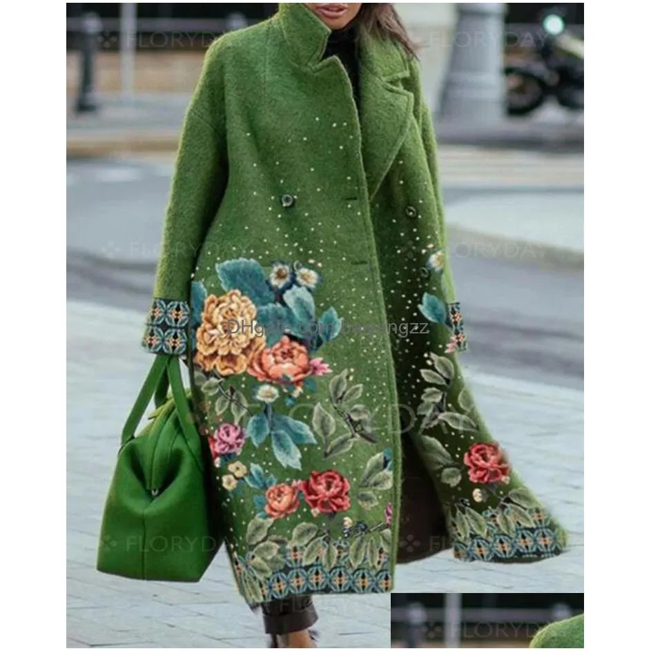 Womens Wool Blends Elegant Autumn Street Lady Long Cardigan Coats Fashion Floral Print Pocket Long-Sleeve Jacket Winter Women Blend Dhgov
