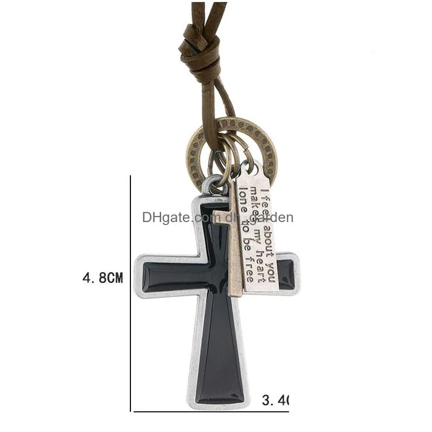 Pendant Necklaces Enamel Jesus Cross Necklace Letter Id Adjustable Chain Pendant Leather Necklaces For Women Men Punk Fashio Dhgarden Dhucm