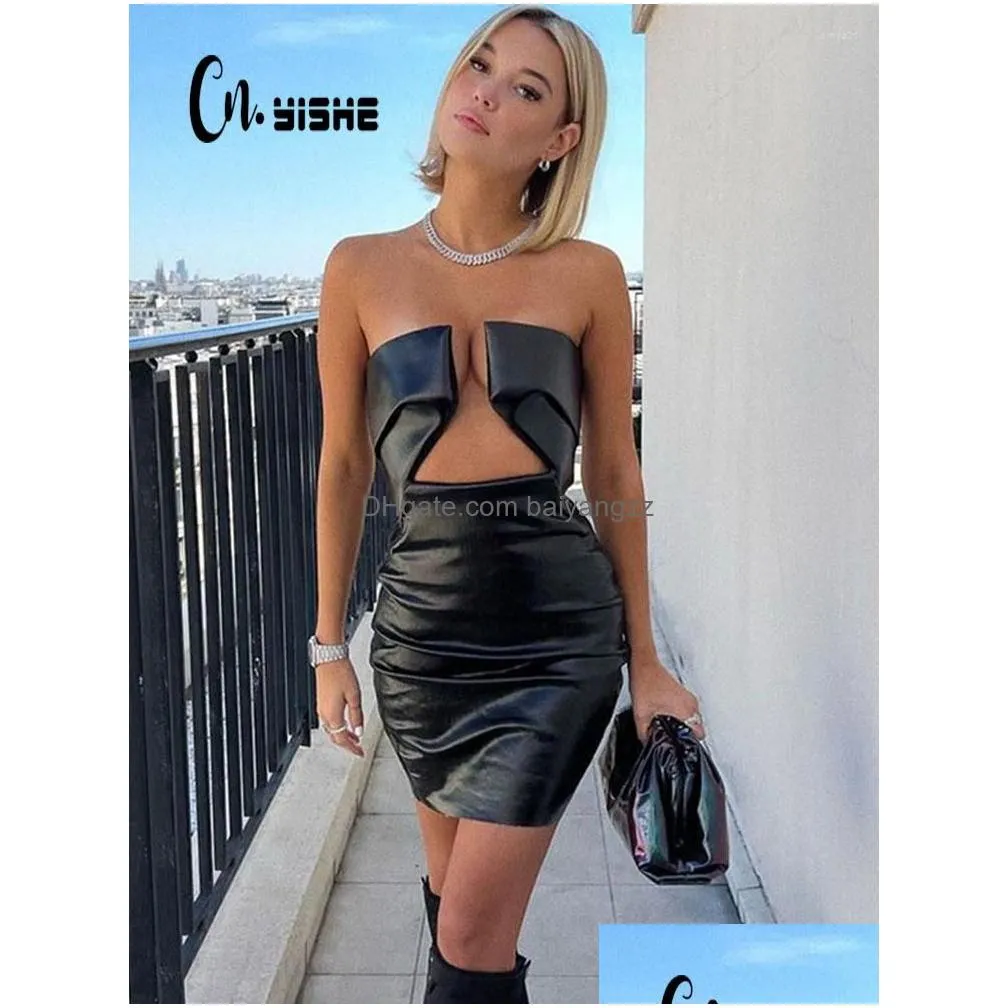 casual dresses cnyishe strapless bodycon dress for women winter elegant birthday party club outfits sexy pu leather woman robe