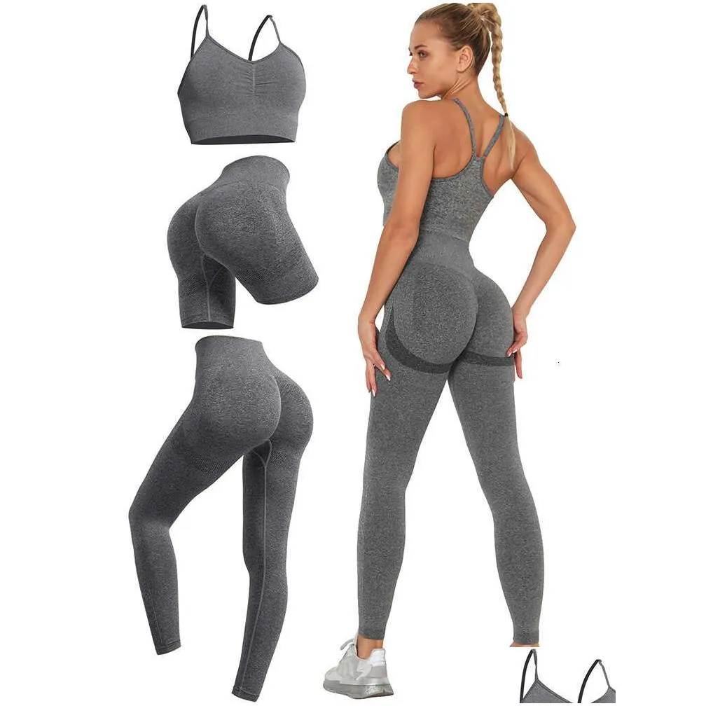 Lu Align Workout 3Pcs Seamless Set Womens Running Gym Clothe Fitness Leggings Long Sleeve Active Wear Women Sports Suit Yoga Lemon Ll Dhk8P