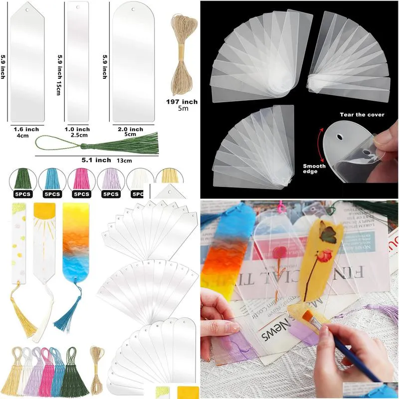 Bookmark Wholesale Bookmark 30Pcslot Rec Transparent Acrylic Blank Clear Diy Unfinished Book Markers With Colorf Tassels Ornaments Cra Dhc5A