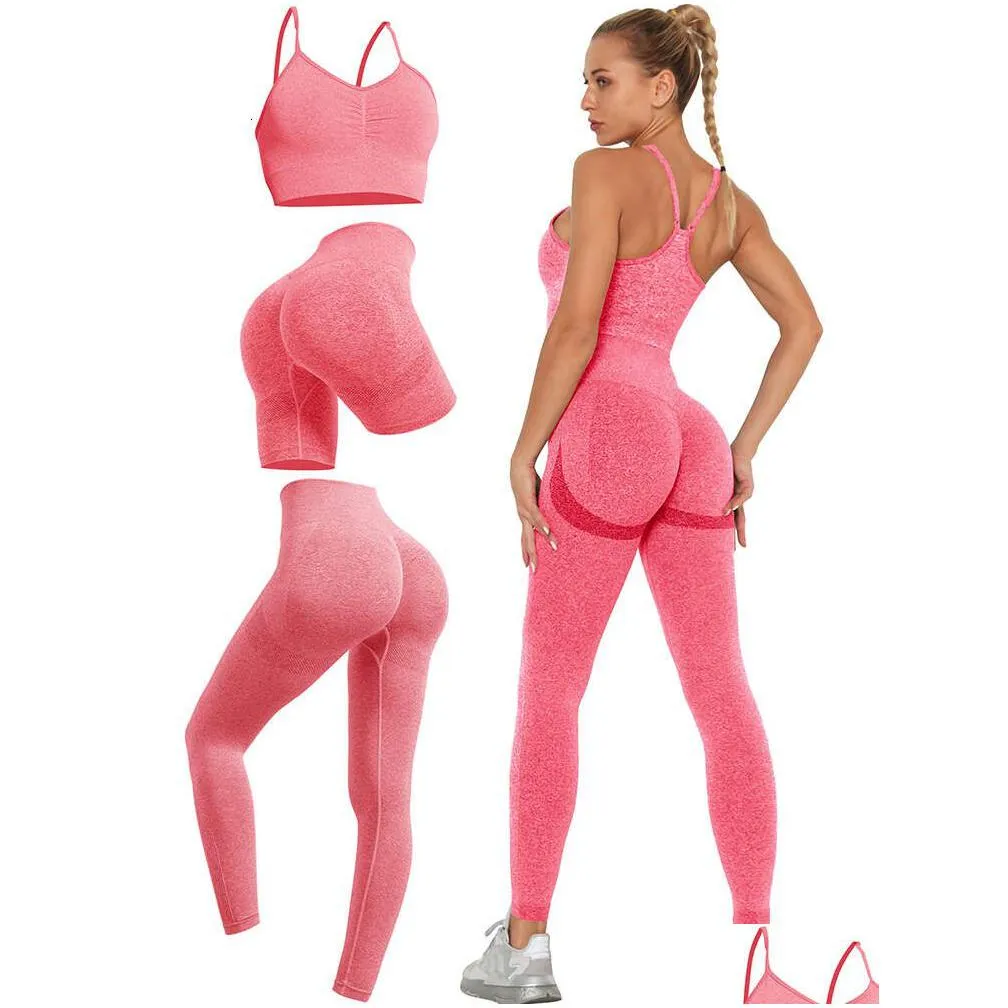 Lu Align Workout 3Pcs Seamless Set Womens Running Gym Clothe Fitness Leggings Long Sleeve Active Wear Women Sports Suit Yoga Lemon Ll Dhk8P