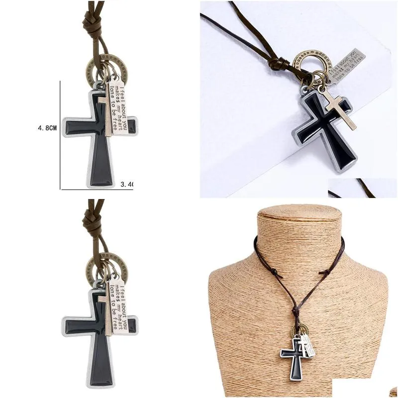 Jewelry Enamel Jesus Cross Necklace Letter Id Adjustable Chain Pendant Leather Necklaces For Women Men Punk Fashion Jewelry Gift Drop Dhi6K