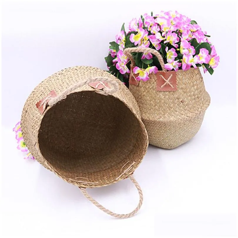 seagrass woven basket flower pot folding laundry storage belly type natural grass plant holder foldable home decor