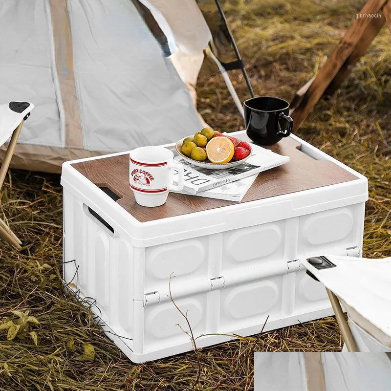 Camp Furniture Outdoor Cam Folding Tables With Wooden Lid Car Storage Box Food Organizer Container For Household Large Capacity Drop Dhluy