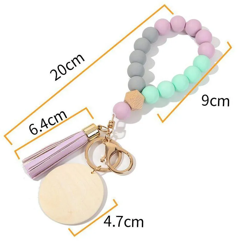 monogrammed engrave wooden chip keychain party silicone beaded bangle keyring wood beads bracelet key ring women jewelry crafts gift