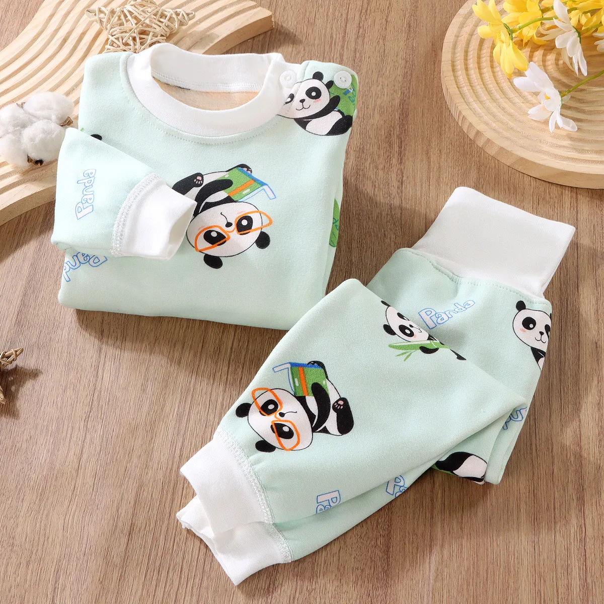 new autumn and winter childrens underwear set men and girls plus cashmere plus long johns high waist belly protection two-piece set