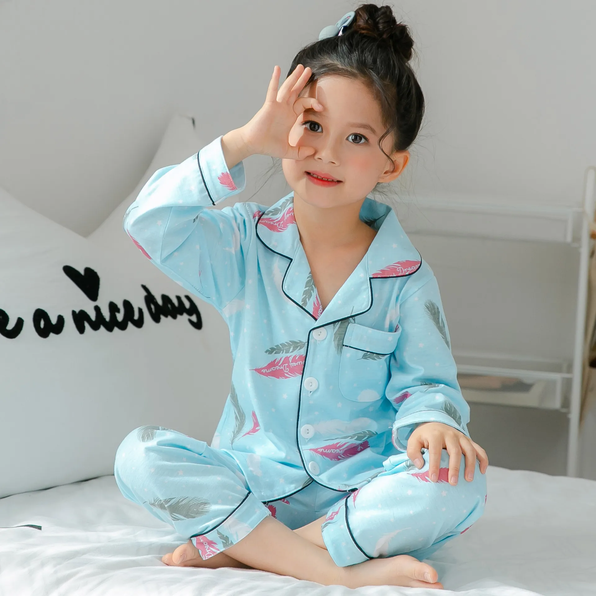 girls pajamas spring and autumn long-sleeved childrens thin medium childrens princess little girls homewear set lapel wear