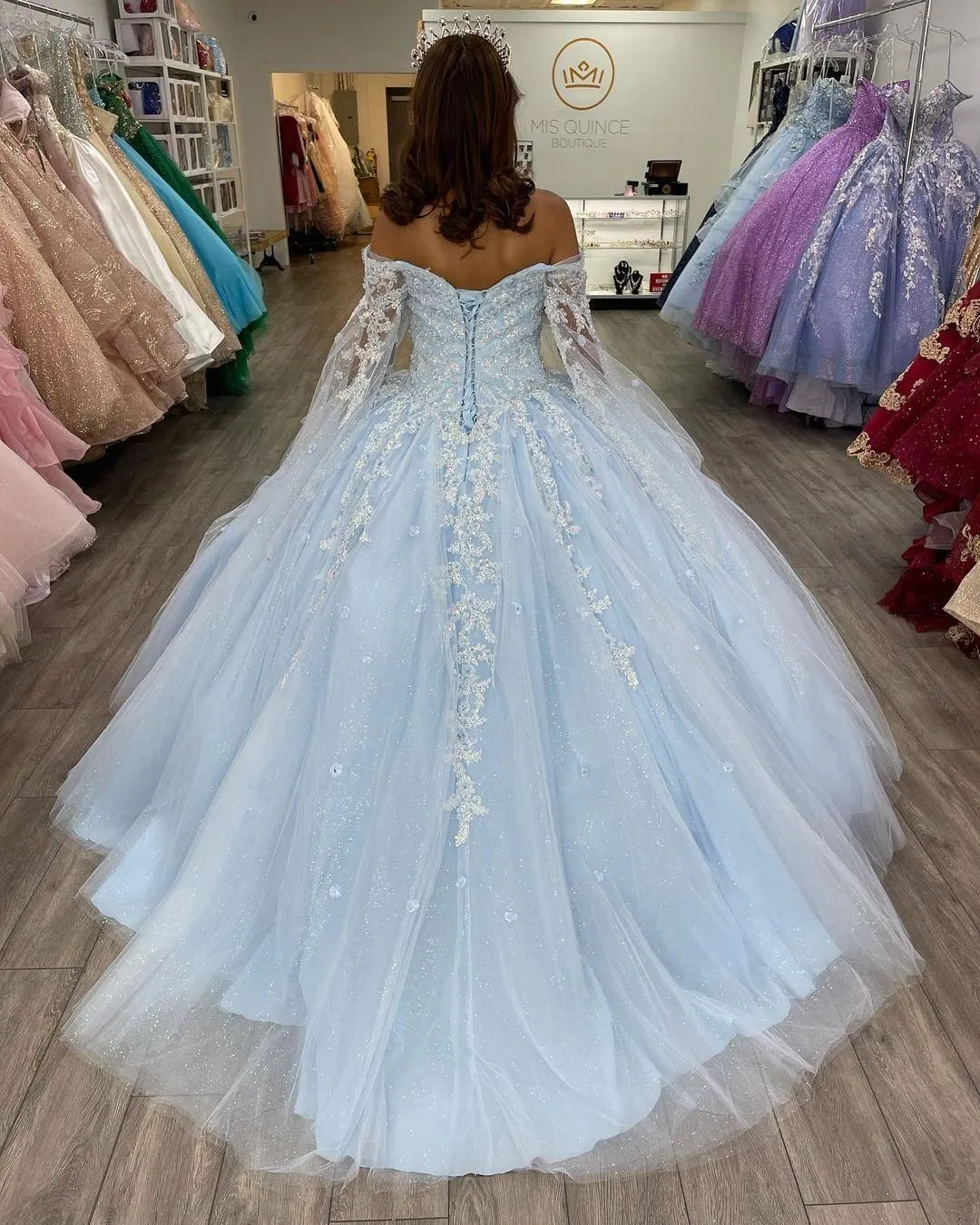 2024 Sexy Quinceanera Dresses Light Sky Blue Long Sleeves Off Shoulder Sequined Crystal Beads Tulle Lace Sweet 16 Party Dress Vestidos De 15 Prom Party Gowns