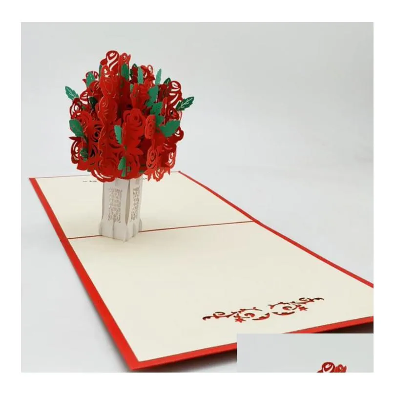 rose -up engraving card 3d creative greeting cards romantic red flower handmade card valentines day gift-card customized