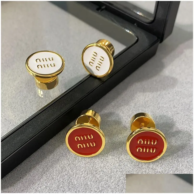 Charm Designer Brand Letter Miu Enamel Round Earrings Female Fever Same Style Retro High-End Temperament Light Luxury Drop Delivery J Dhdzz