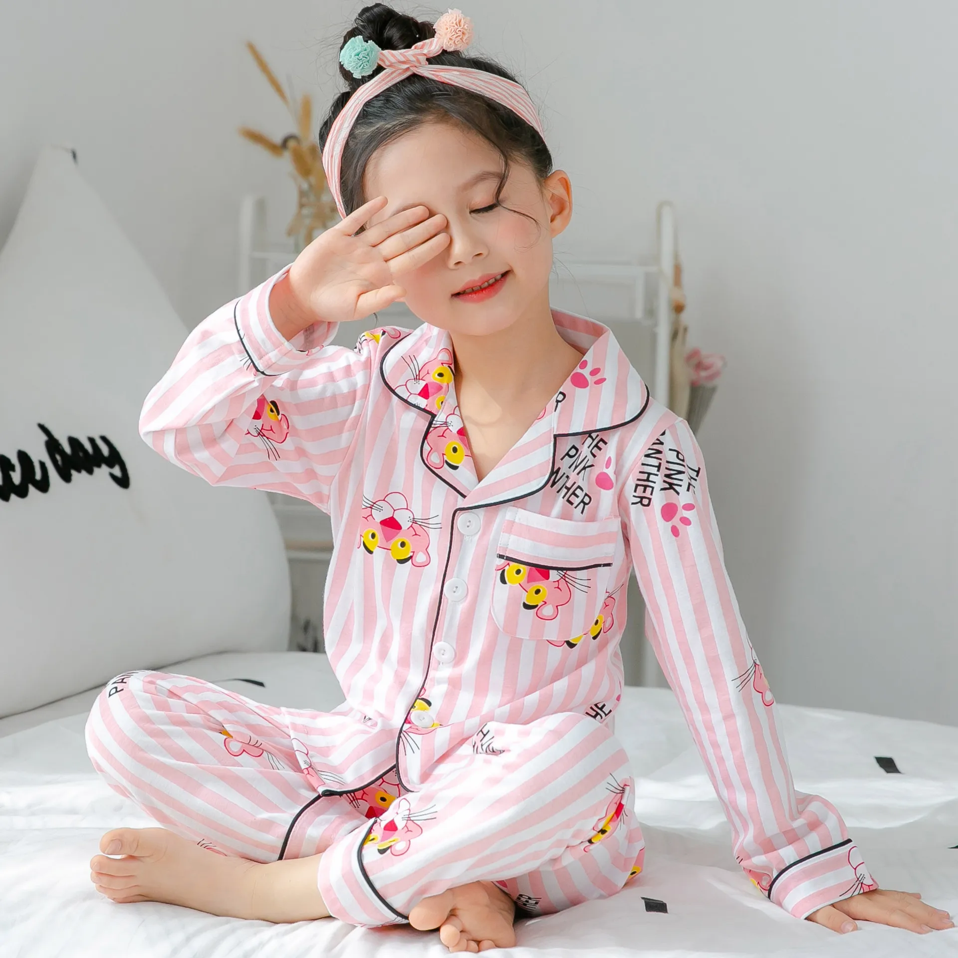 girls pajamas spring and autumn long-sleeved childrens thin medium childrens princess little girls homewear set lapel wear