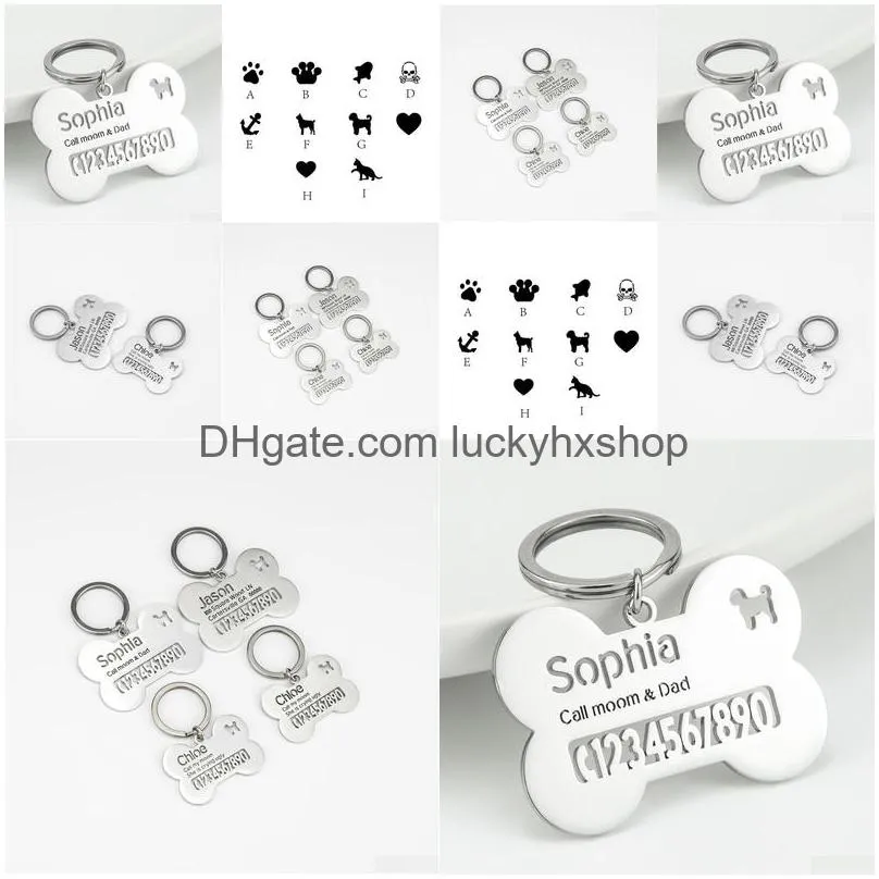 custom personalized name keychain stainless steel designed with bone contact phone number keychain pet pendant