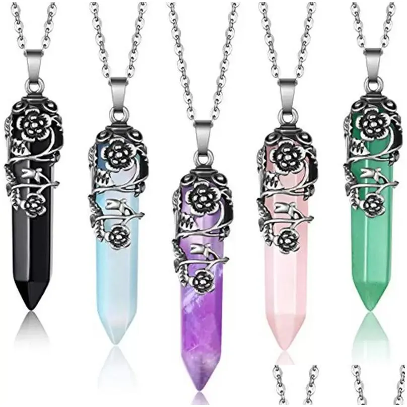 natural crystal stone necklace creative plum blossom crystal column pendant necklaces with chain jewelry accessories rre12569