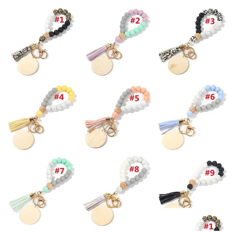 monogrammed engrave wooden chip keychain party silicone beaded bangle keyring wood beads bracelet key ring women jewelry crafts gift