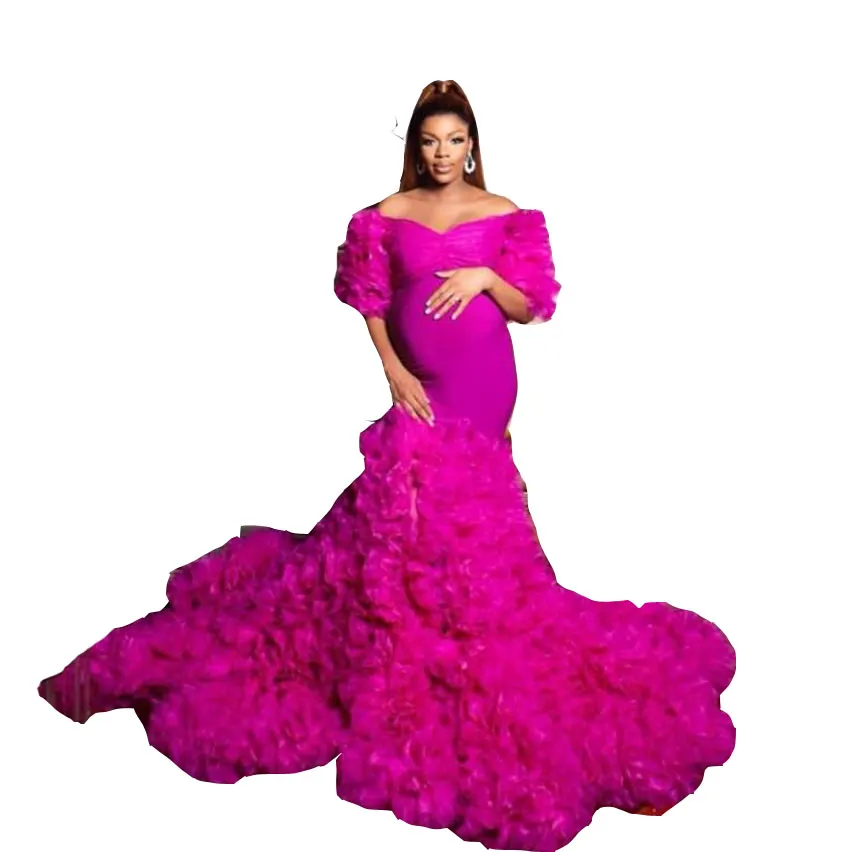 2024 Fuchsia Prom Dresses Robe for Photoshoot Ruffles Tulle Kimono Women Puffy Off Shoulder Mermaid Tiered Evening Gowns Maternity Dress Photography Half Sleeves