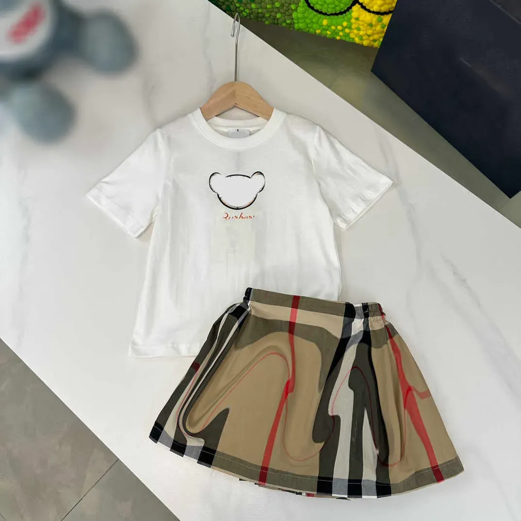 23ss kid sets skirt set kids designer clothes girls Round neck Pure lattice splicing Short sleeve T-shirt Check suspenders dress suit High quality baby