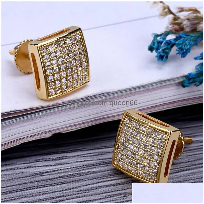 hip hop full diamonds ear studs for men geometry cz gold plated stud earrings real gold plated copper jewelry156i