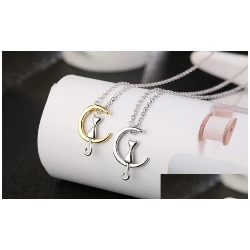 cute cat moon pendant necklaces charm silver gold color link chain necklace for pet lucky jewelry for girl gift