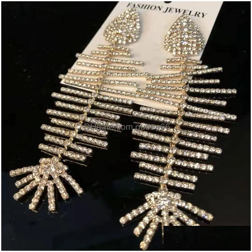 persnality fashion show earrings white gold plated rhinestone fish bone earrings for girls women party wedding nice gift272g