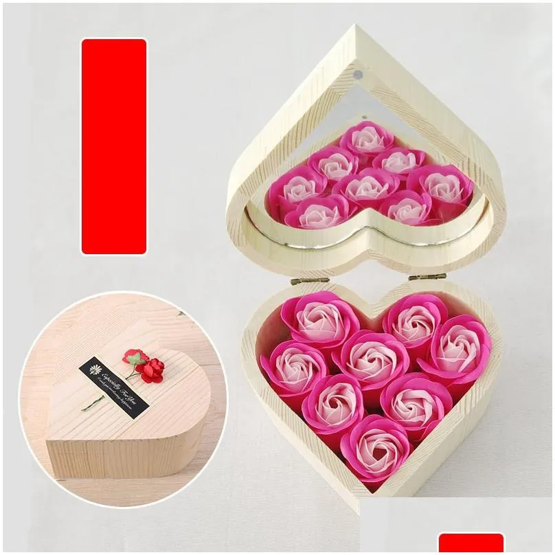 heart shape wooden box rose flower colorful bouquet hand made rose flower soaps with mirror box for valentine day gift gga3062