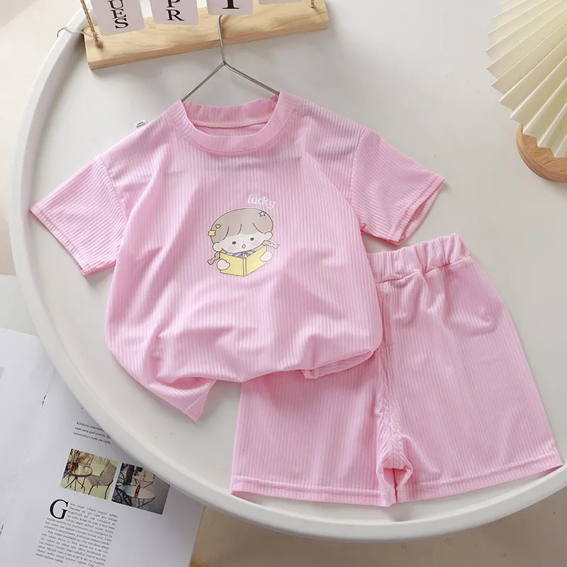 ice silk short-sleeved shorts boys clothes summer childrens half-sleeved shorts two-piece girls suit t-shirt