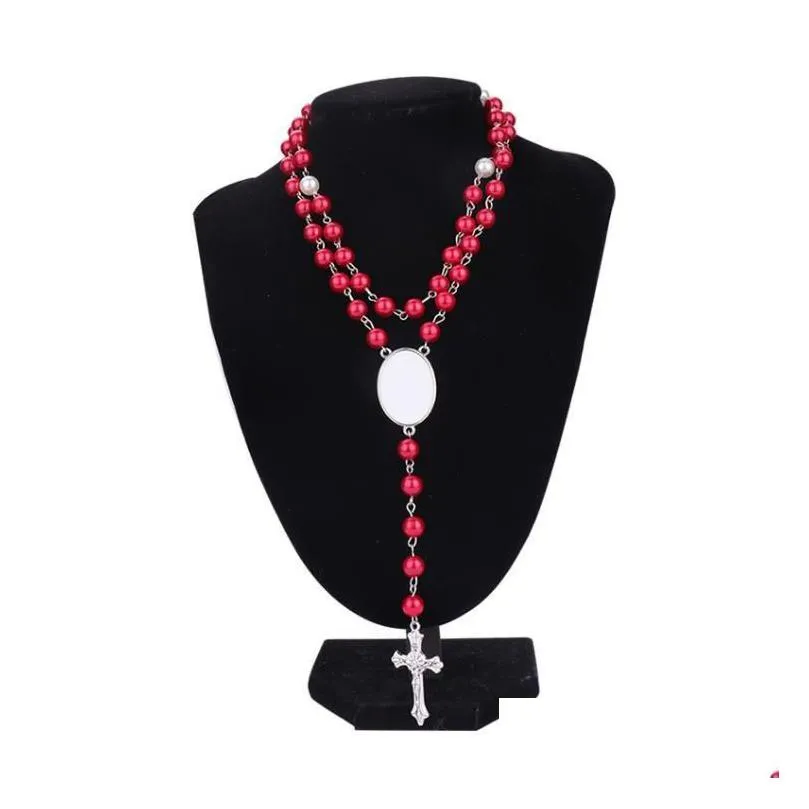 party favor 4 colors sublimation necklace heat transfer pendant rosary bead necklace cross jesus metal pendants rrb15906