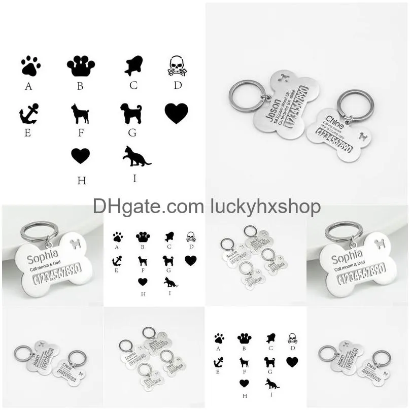 custom personalized name keychain stainless steel designed with bone contact phone number keychain pet pendant