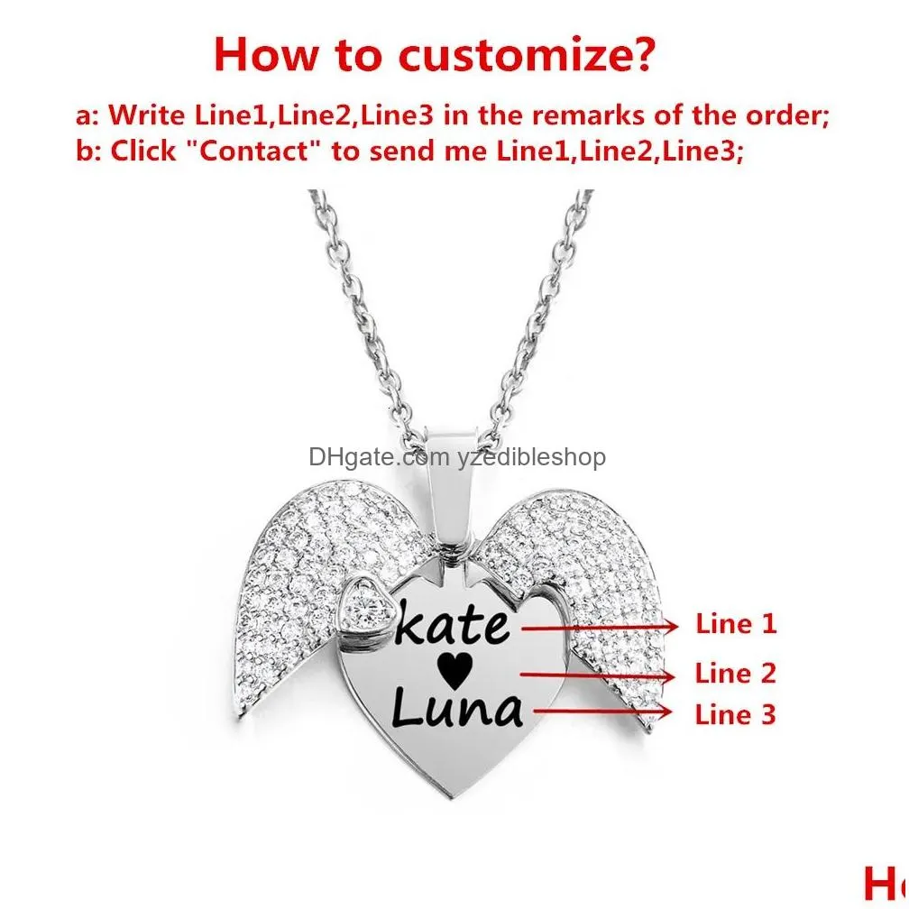 pendant necklaces personalized women chain necklace custom engraved heart name openable crystal wings neklace valentine day gift