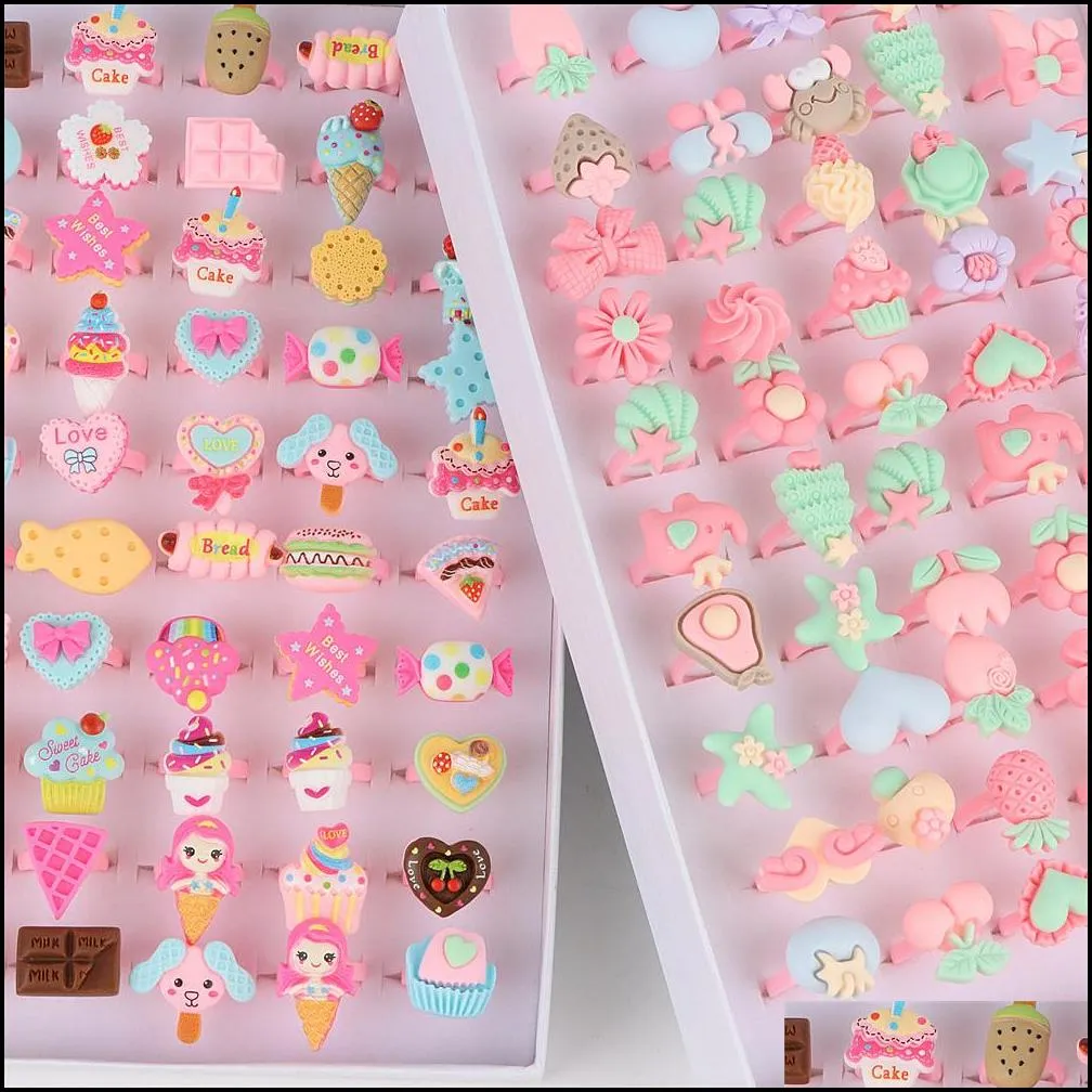 100pcs/lot cartoon resin opening rings for children fashion cute lovely rings jewellery birthday party gifts