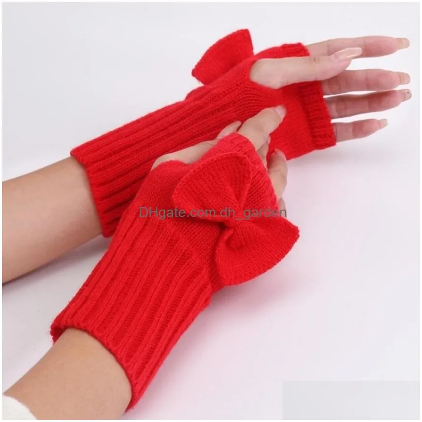 Fingerless Gloves Winter Bow Knot Gloves Cuff Knitted Warm Half Fingerless Women Stretch Mittens Drop Delivery Fashion Acces Dhgarden Dhycw