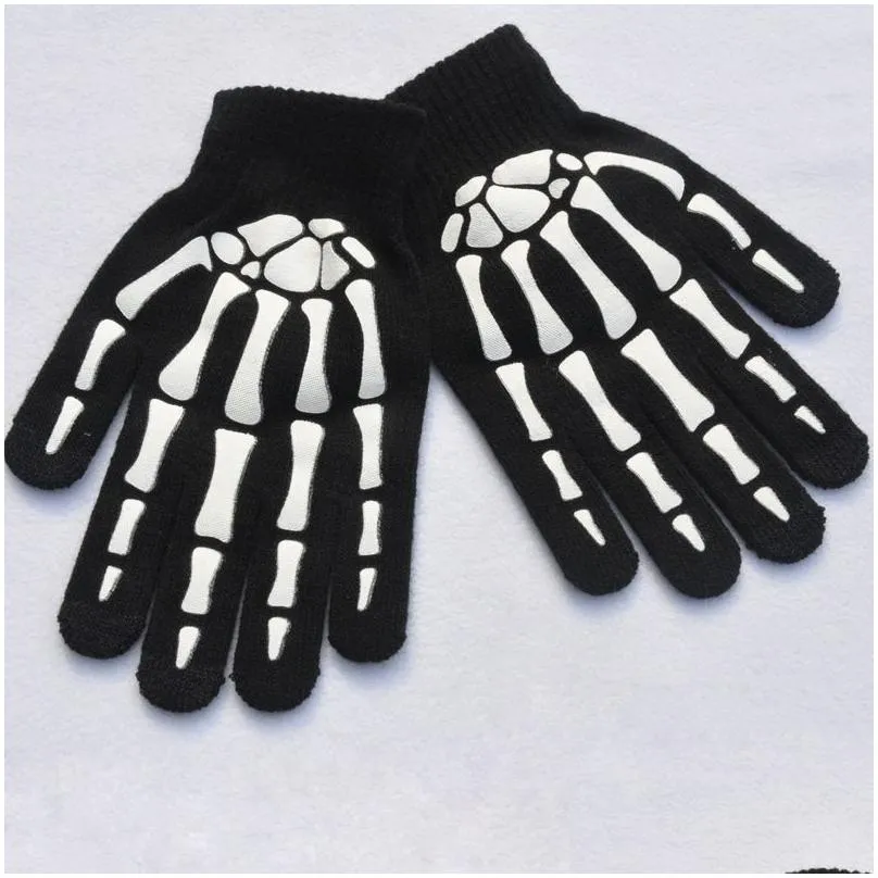 warm knitting gloves for adult solid acrylic half finger human skeleton head gripper print cycling non-slip wrist gloves rre14492