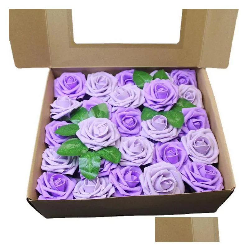 home wedding decorative artificial flowers 25pcs/box pe foam rose flowers head with leaves diy bride bouquet simulation flower for valentines day